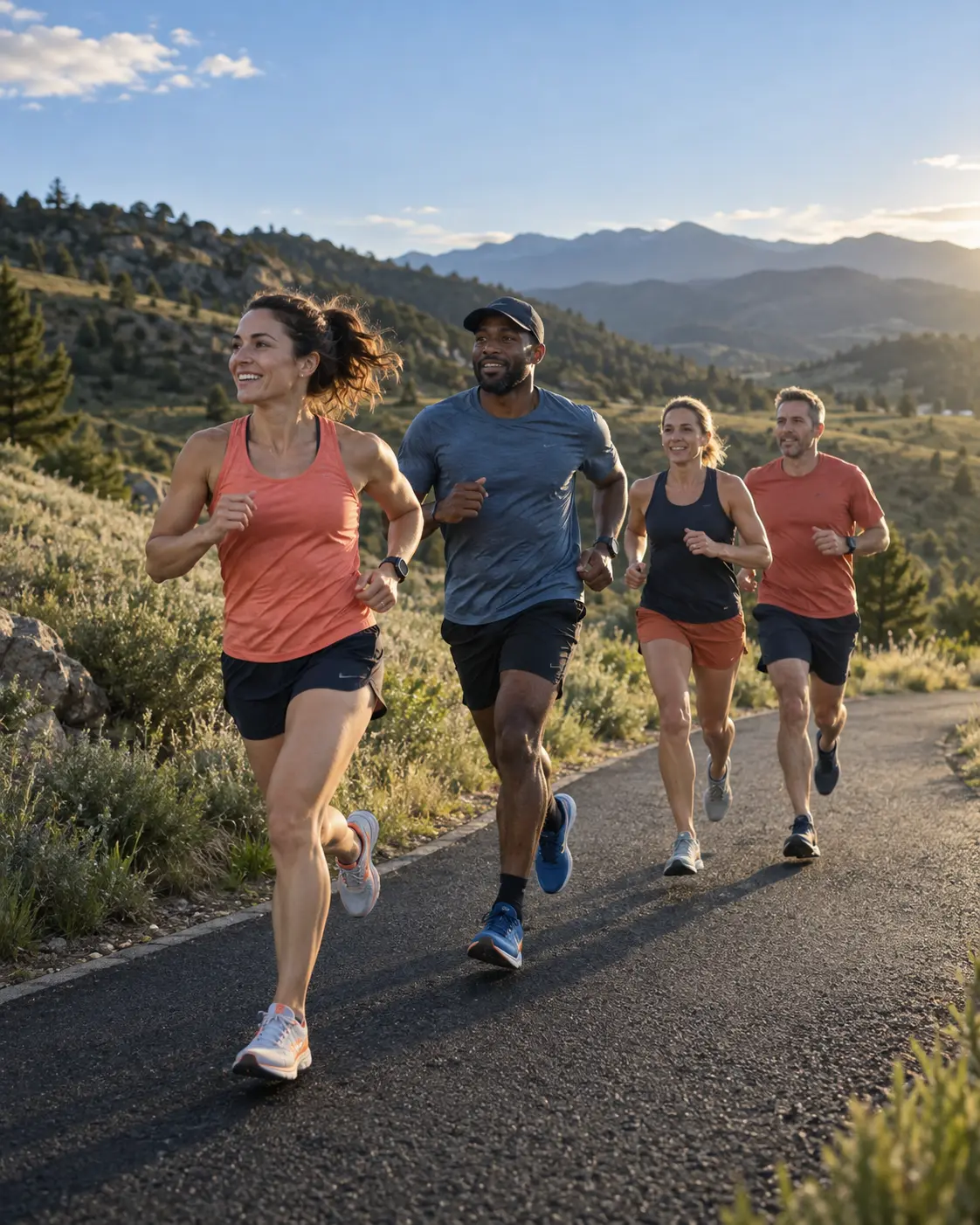 Four recreational runners moving together on a mountain trail